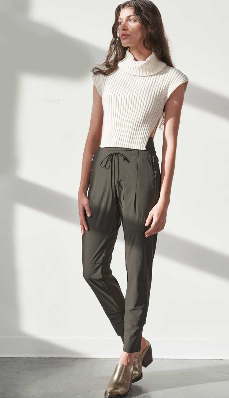 Raffaello Rossi Candy Pant in olive women’s slim jogger pant with drawstring waist and zip pockets