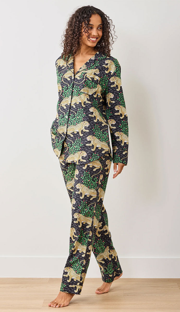 Printfresh Bagheera Organic Cotton Pajamas  - leopard print in Ink on a model on a white background