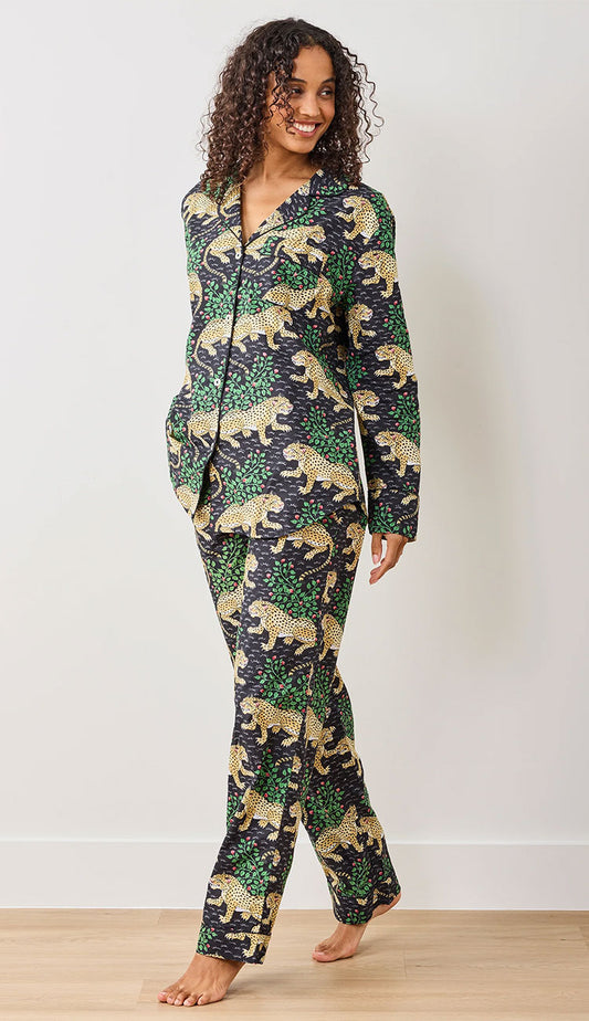 Printfresh Bagheera Organic Cotton Pajamas  - leopard print in Ink on a model on a white background