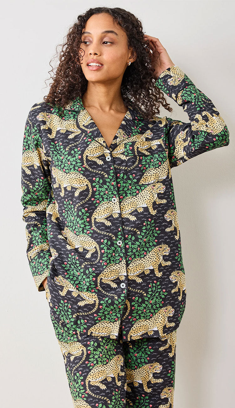 Printfresh Bagheera Organic Cotton Pajamas  - leopard print in Ink on a model on a white background - front view