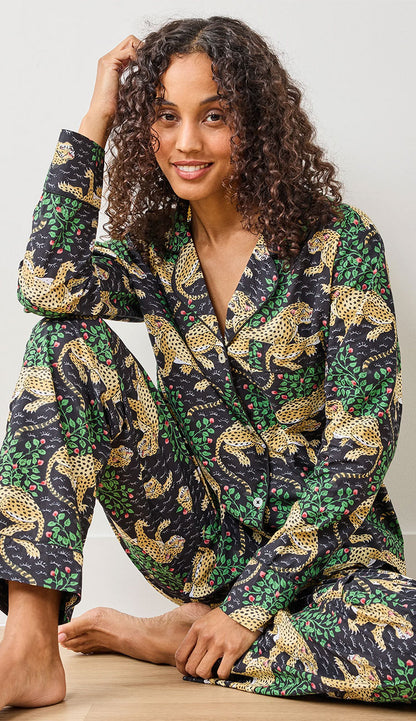 Printfresh Bagheera Organic Cotton Pajamas  - leopard print in Ink on a model on a white background - sitting on a wood floor