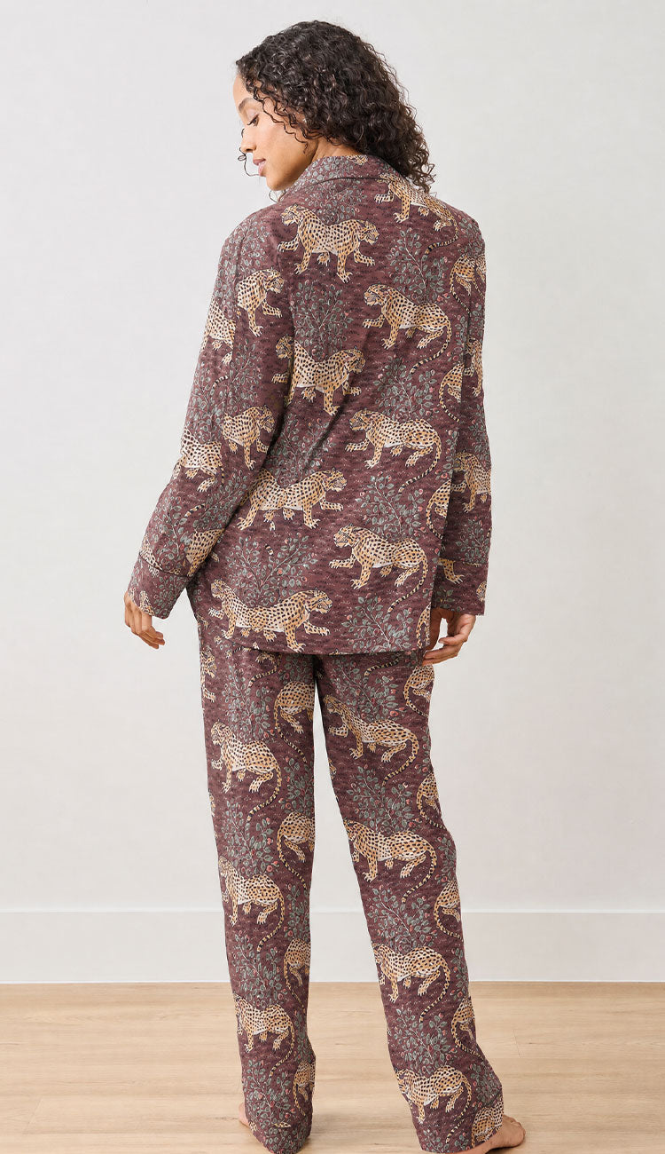 Printfresh Bagheera Organic Cotton Pajamas  - leopard print in raisin brown on a model on a white background - back view