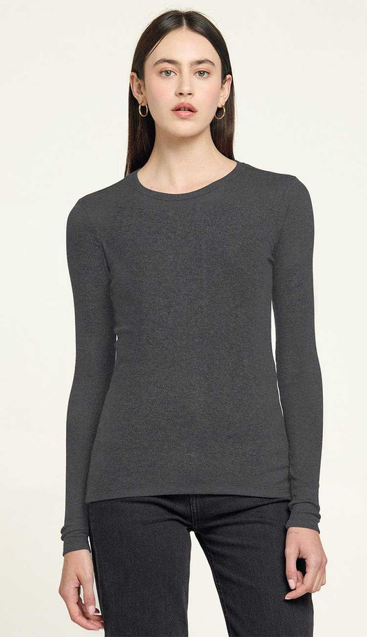Ribbed long sleeve tee shirt in charcoal grey on a model with black pants on a white background