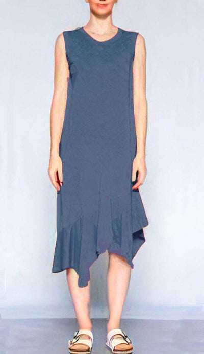 Crew shell dress with slanted flounce hem in indie blue slub cotton by WILT front view - Paula & Chlo