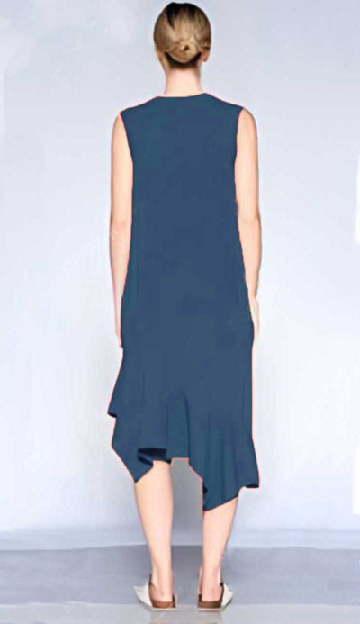 Crew shell dress with slanted flounce hem in indie blue slub cotton by WILT front view - Paula & Chlo back view.