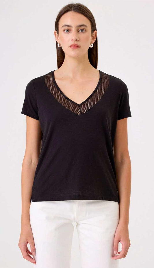 Soleil V-Neck Boy Tee Front view with fishnet detail by Goldie | Paula & Chlo
