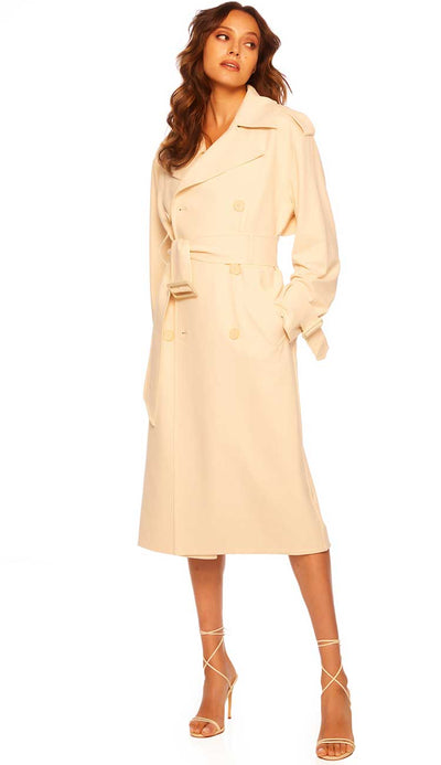 Susana Monaco Trench Coat in Belgian Creme. Done in their signature stretch fabric. A classic Trench Coat - front side view- shop Paula & Chlo
