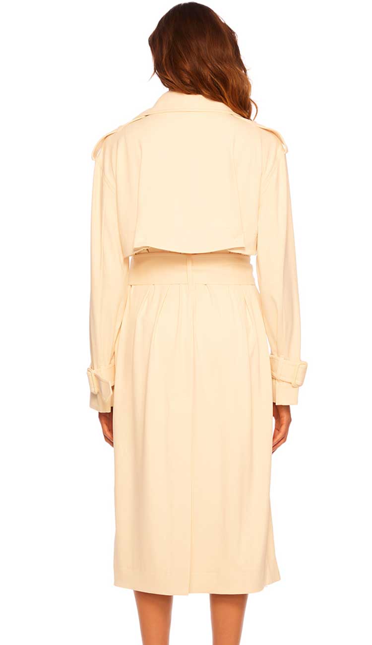 Susana Monaco Trench Coat in Belgian Creme. Done in their signature stretch fabric. A classic Trench Coat back view- shop Paula & Chlo