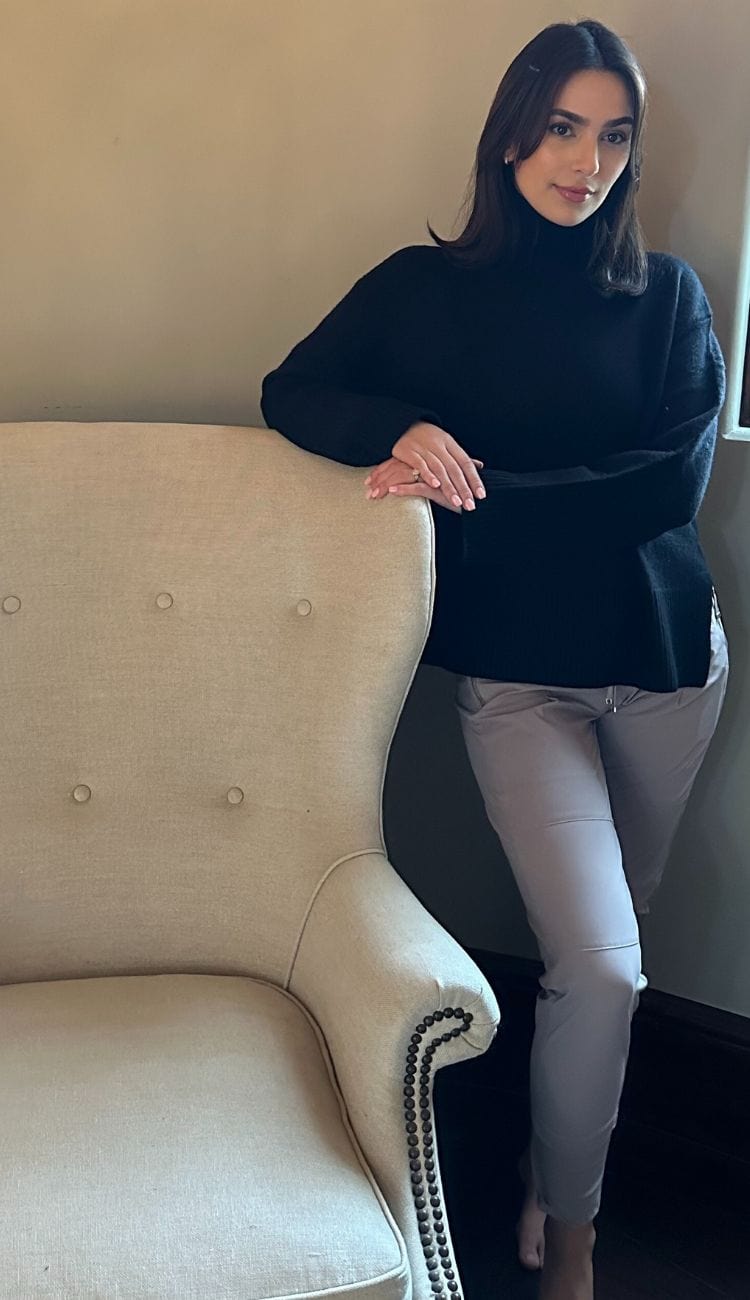  Cashmere Blend Rib Trim Standneck Sweater in Black by White and Warren at Paula & Chlo - paired with our Raffaello Rossi Candy Pants in Shadow Grey