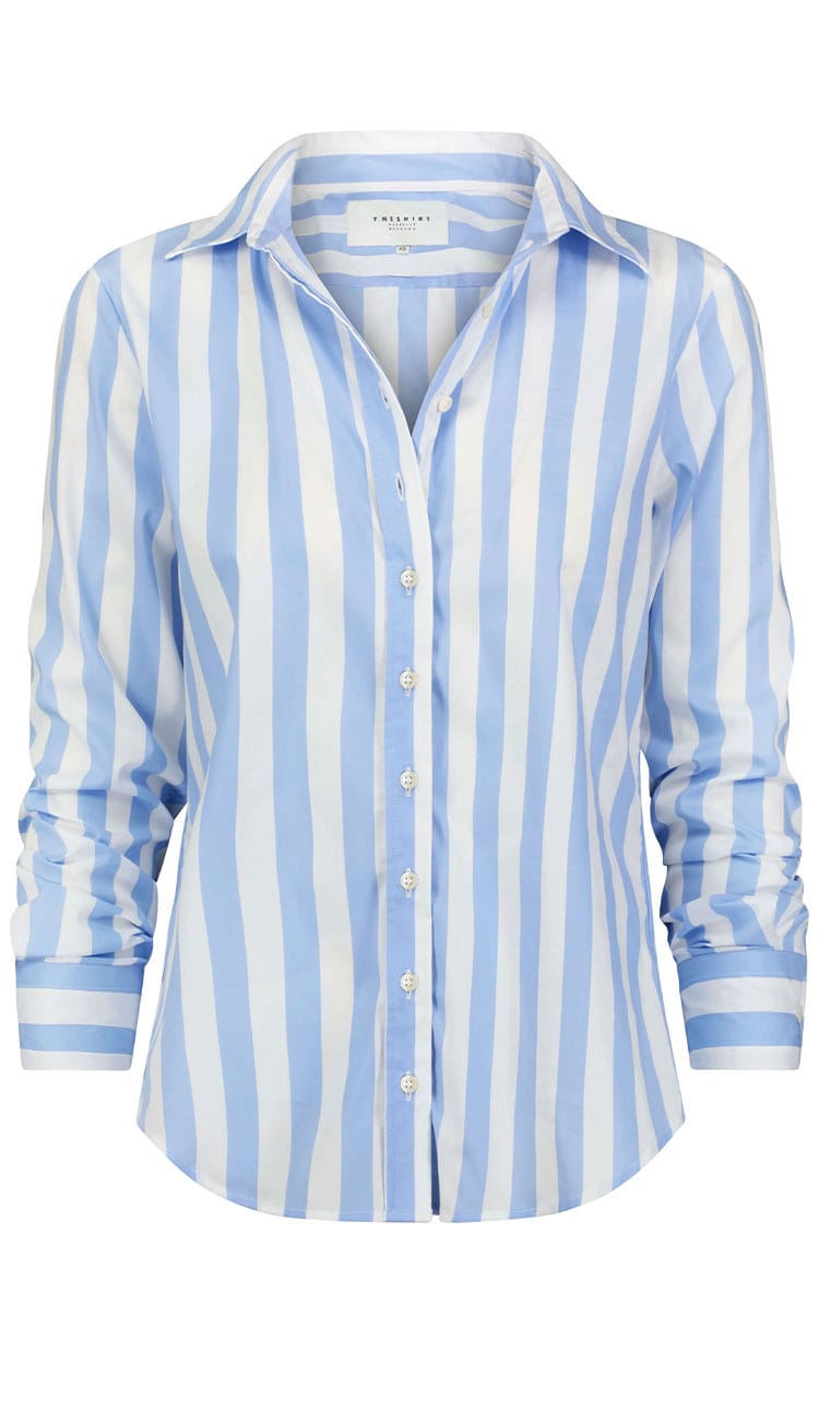 The Boyfriend Shirt Wide Sky Blue and White Stripe by THE SHIRT - at Paula & Chlo detail view