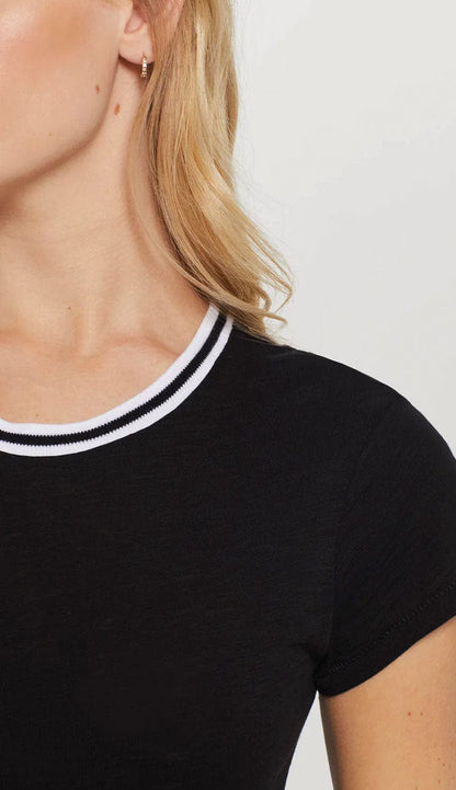 Goldie Tipped Ringer Tee in black detail view -Paula & Chlo