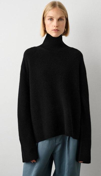 Cashmere Blend Rib Trim Standneck Sweater in Black by White and Warren at Paula & Chlo