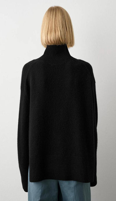 Cashmere Blend Rib Trim Standneck Sweater in Black by White and Warren at Paula & Chlo back view