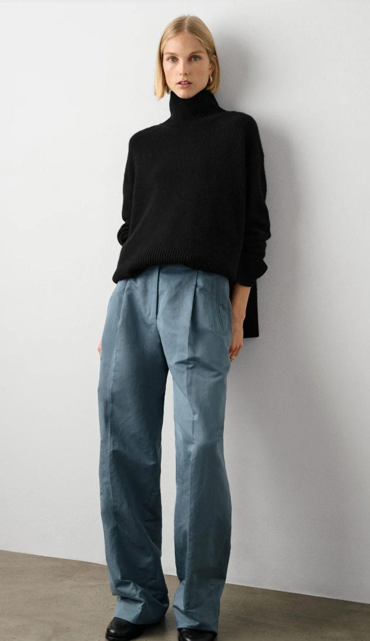  Cashmere Blend Rib Trim Standneck Sweater in Black by White and Warren at Paula & Chlo full view