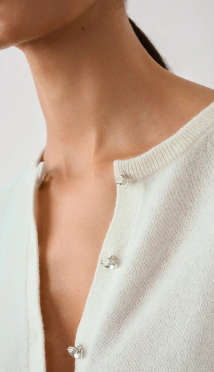 White and Warren Cashmere Embellished Cardigan Sweater in Soft White with Crystal Buttons at Paula & Chlo - detail