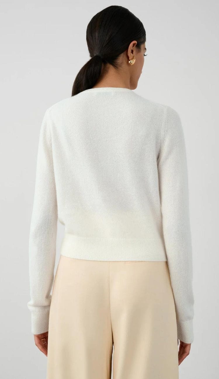 White and Warren Cashmere Embellished Cardigan Sweater in Soft White with Crystal Buttons at Paula & Chlo back view