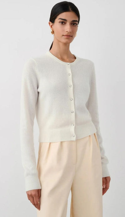White and Warren Cashmere Embellished Cardigan Sweater in Soft White with Crystal Buttons at Paula & Chlo - front view 2 