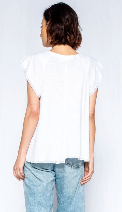 Wilt Lace edge flutter sleeve shifted hem trapeze scoop neck tee shirt back view - Paula & Chlo