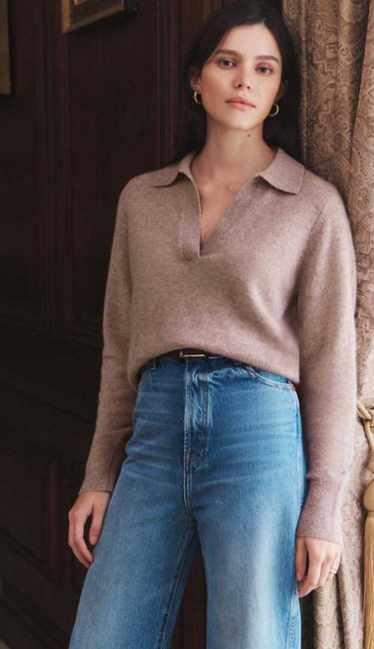 White + Warren cashmere long sleeve polo sweater in Stonewood Heather, featuring a polo collar and pointelle stitch detailing along the sleeves.