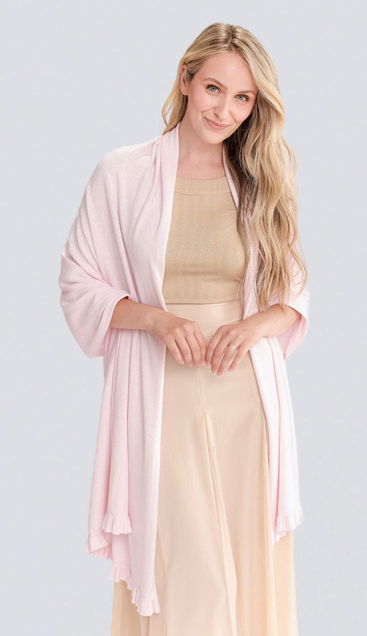 Alashan Cashmere Cotton Cashmere Travel Wrap with mini ruffle in Pink Sugar | Paula and Chlo
