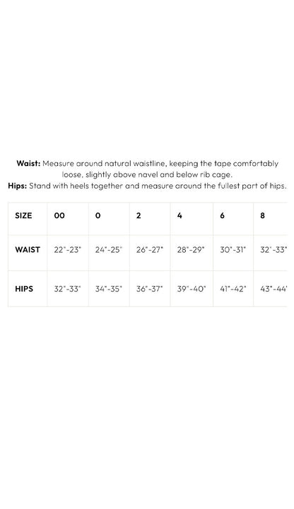 avenue montaigne Measurement chart for waist and hips with size guide on a white background