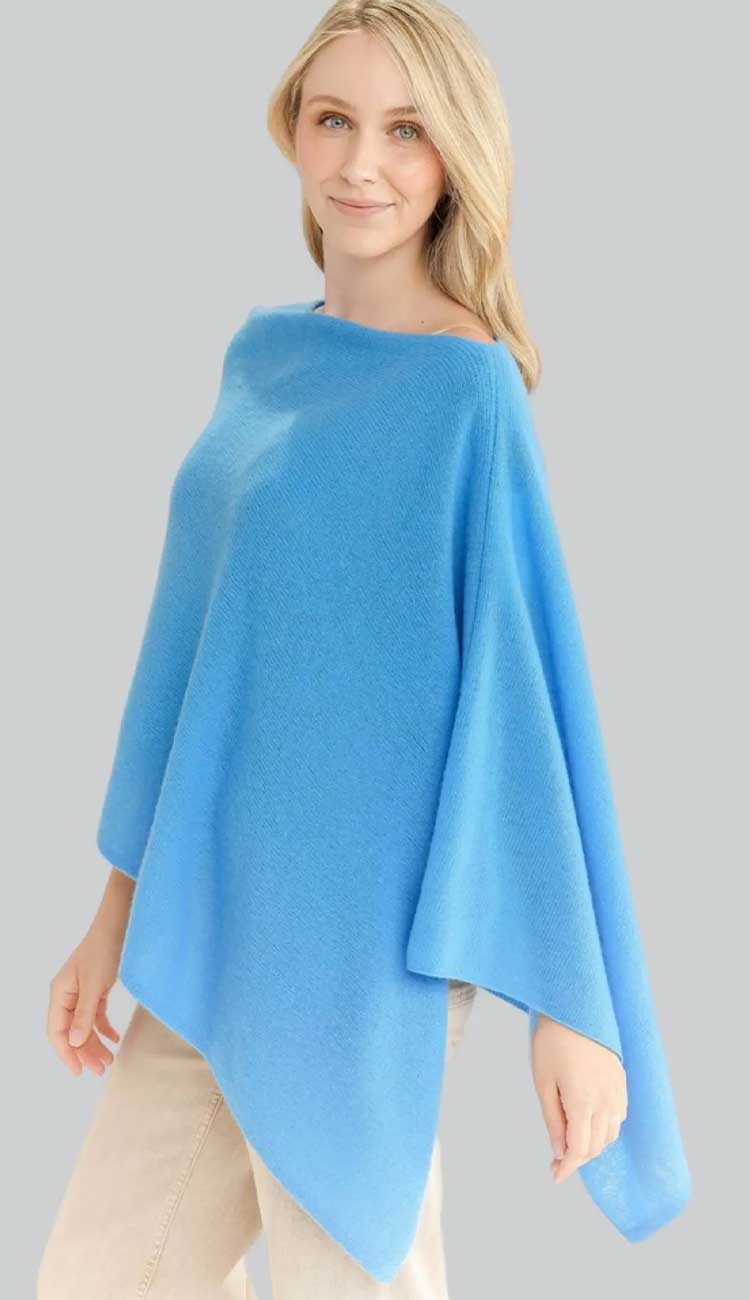 Alashan cashmere dress topper poncho in azure, lightweight one-size wrap with draped silhouette.