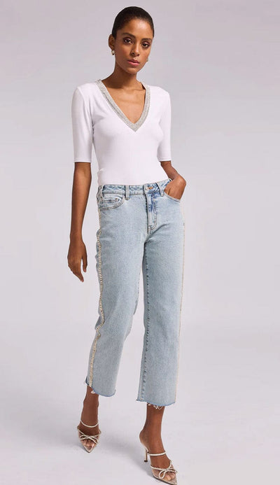 Baylor Denim Pants in light denim with crystal trim down the sides by Generation Love at Paula and Chlo.  
