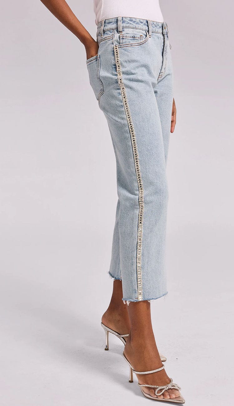 Baylor Denim Pants in light denim with crystal trim down the sides - side view  by Generation Love at Paula and Chlo.