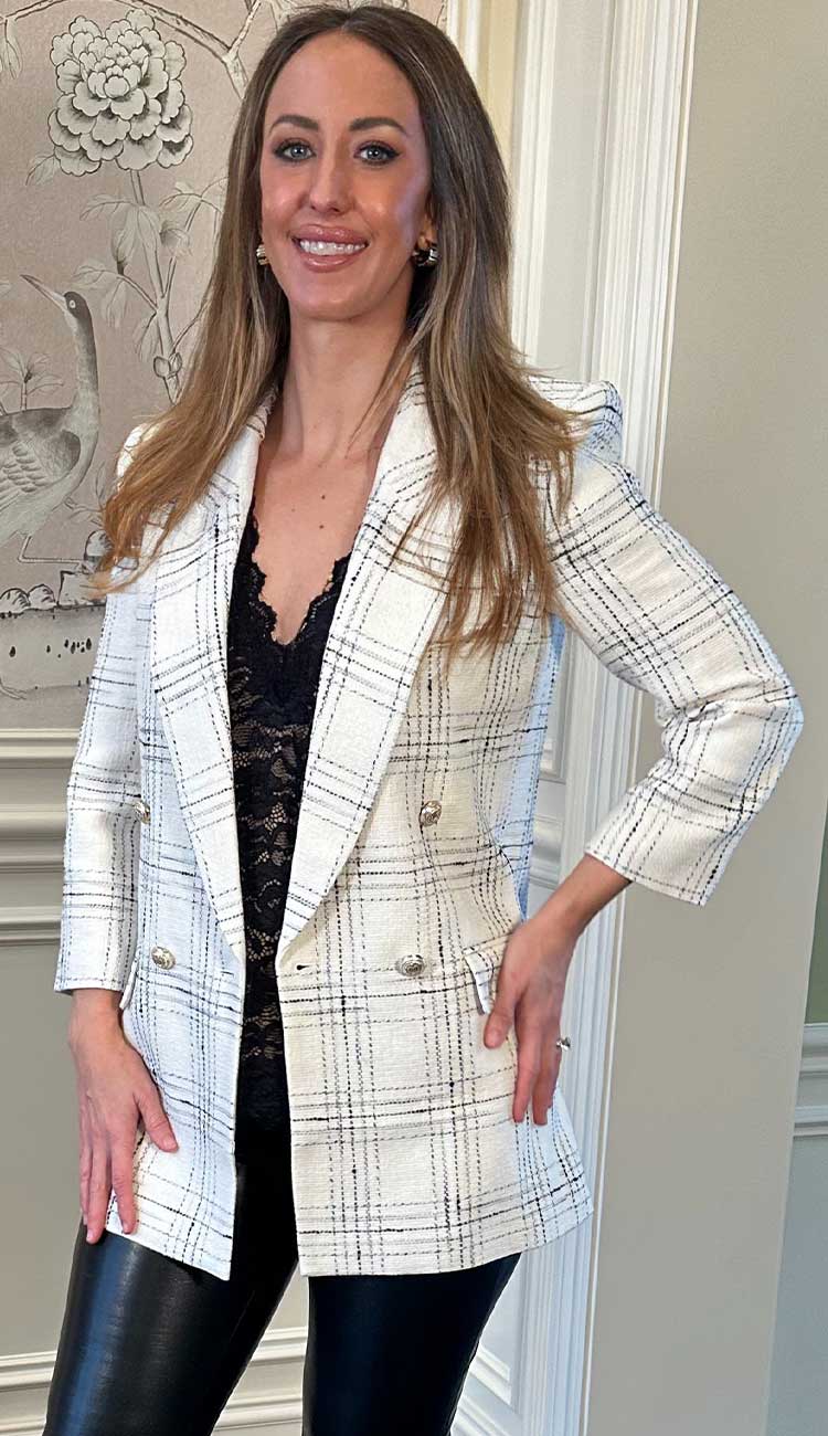 Talan Tweed Blazer paired with vegan leather pants by generation love at Paula & Chlo