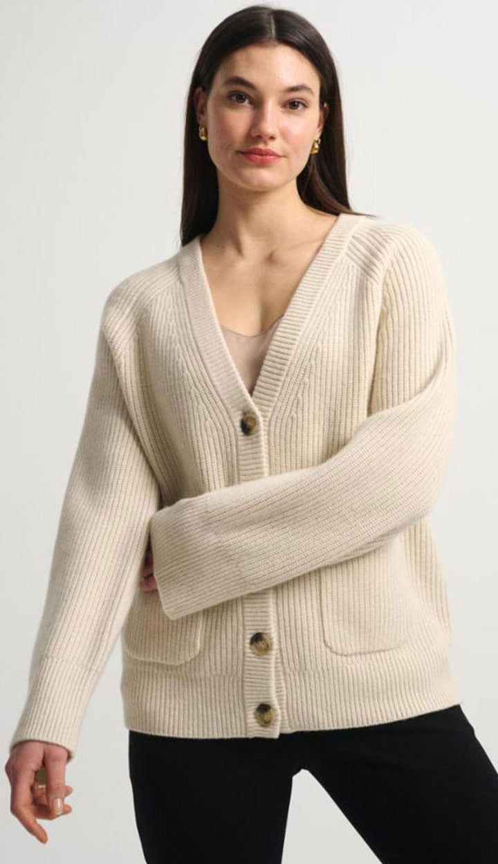 White Warren Merino Cashmere Ribbed Boyfriend Cardigan Ivory