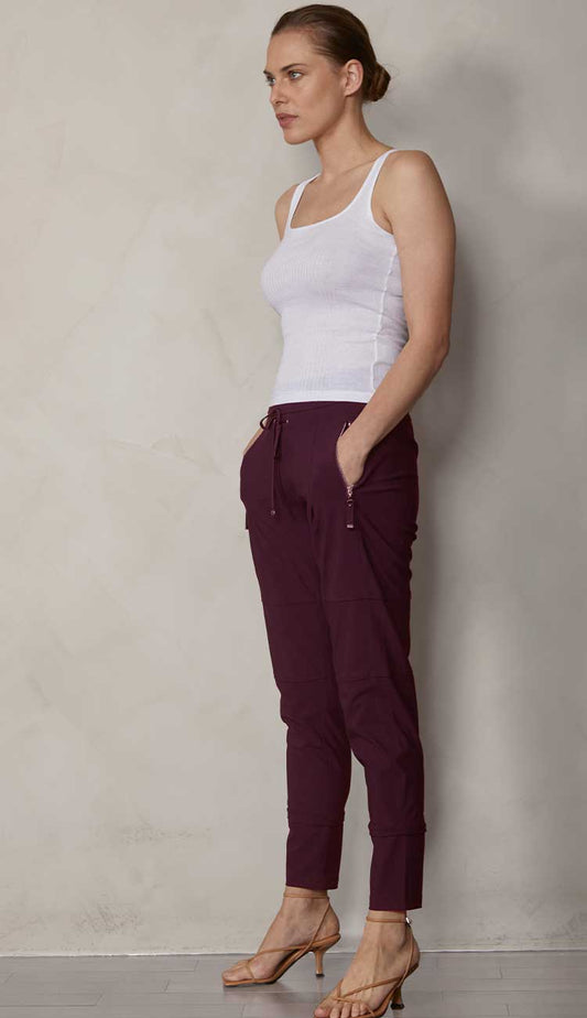 Raffaello Rossi Candy Pant in burgundy, women’s slim jogger pant with drawstring waist and zip pockets
