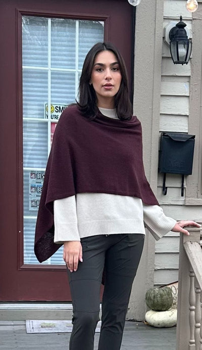 Burgundy 100% Cashmere Topper by Alashan Cashmere paired with Raffaello Rossi Candy Pants in Dark Olive  along our white and warren sweater all available at Paula & Chlo