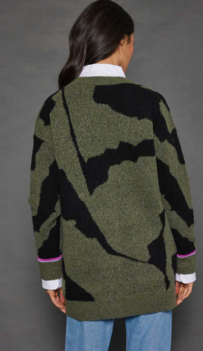 Camo Cloud cardigan sweater in moss and black. An oversized cardigan by lisa todd available at Paula and Chlo - back view