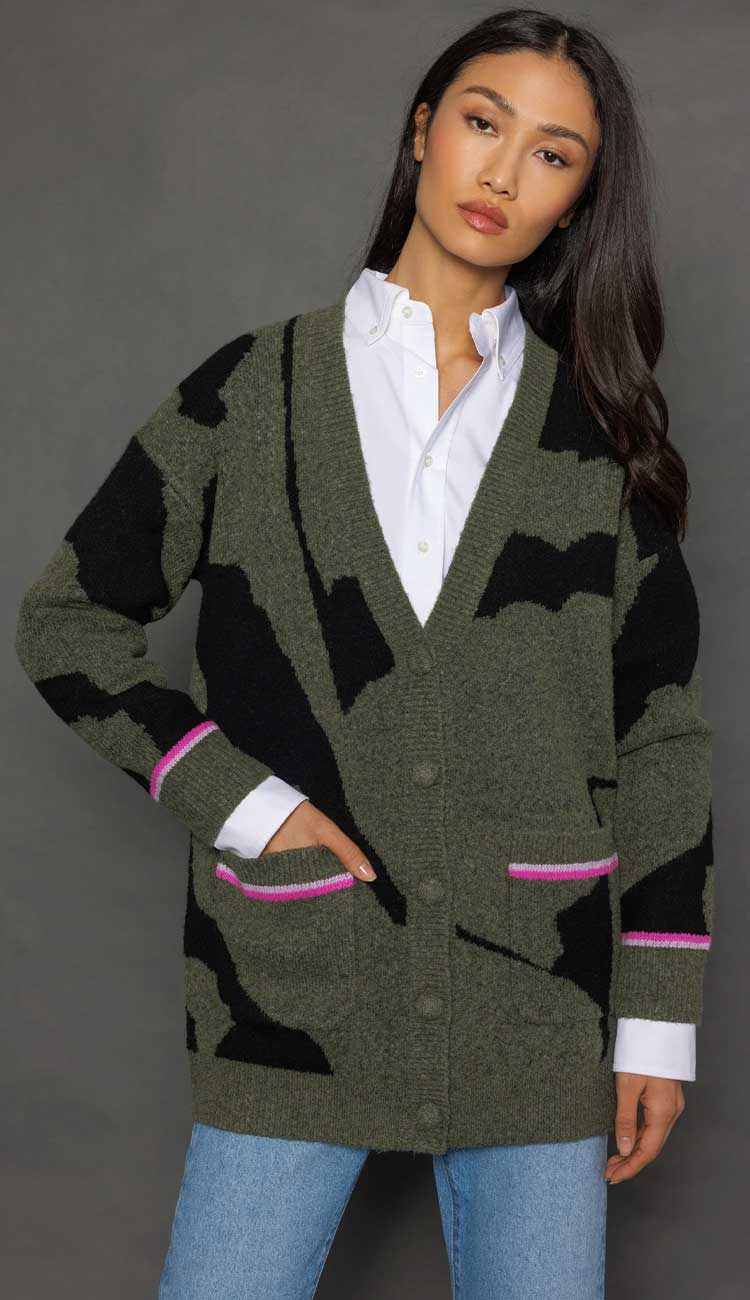 Camo Cloud cardigan sweater in moss and black. An oversized cardigan by lisa todd available at Paula and Chlo