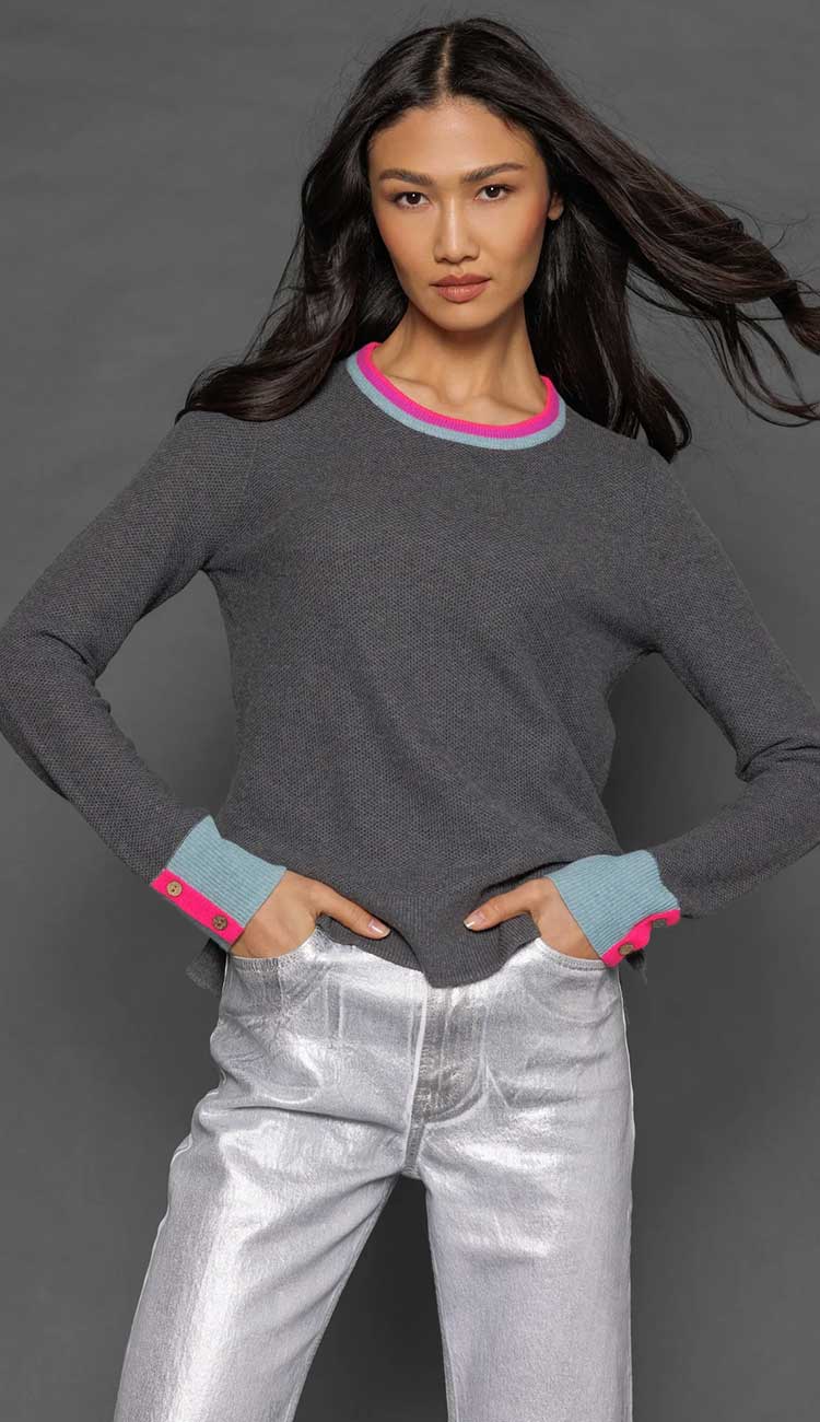 Lisa Todd Candy Cuff Cotton Cashmere Sweater in Fog Grey with powder blue and Fuschia trimmed cuffs and neckline - Paula & Chlo