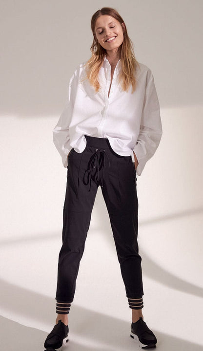 Raffaello Rossi Candy Pant Future in black, women’s slim jogger pant with drawstring waist, mesh ankle detail, and zip pockets