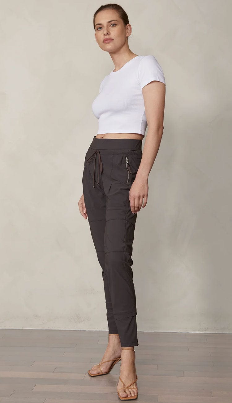 Raffaello Rossi Candy Pant in  dark brown women’s slim jogger pant with drawstring waist and zip pockets