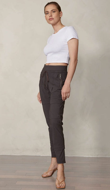 Raffaello Rossi Candy Pant in  dark brown women’s slim jogger pant with drawstring waist and zip pockets