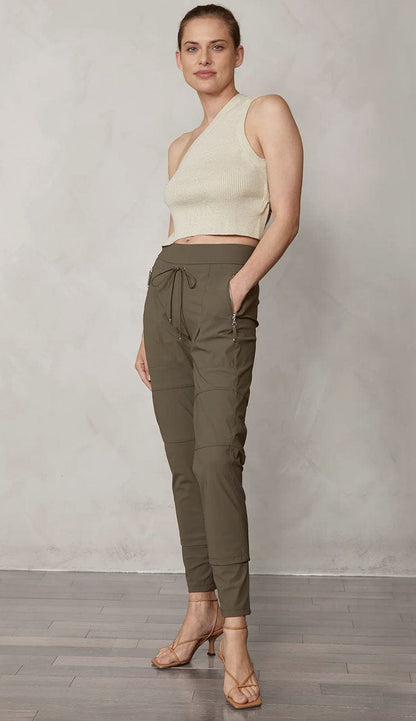 Raffaello Rossi Candy Pant in olivin women’s slim jogger pant with drawstring waist and zip pockets