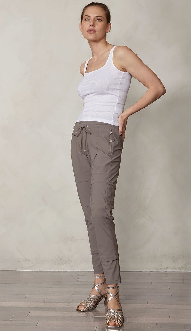 Raffaello Rossi Candy Pant in taupe, women’s slim jogger pant with drawstring waist and zip pockets