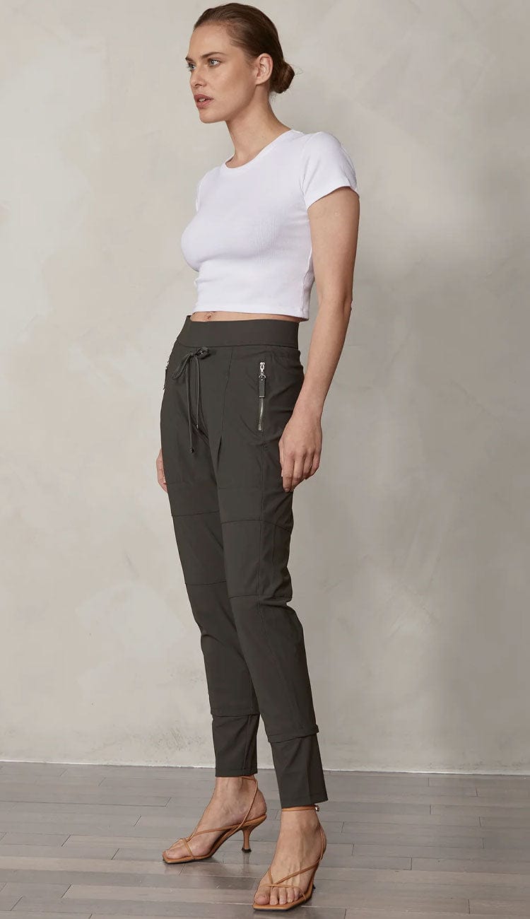 Raffaello Rossi Candy Pant in dark olive, women’s slim jogger pant with drawstring waist and zip pockets