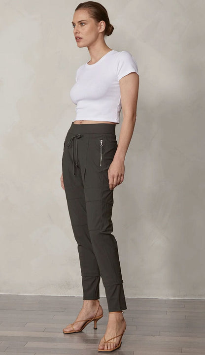 Raffaello Rossi Candy Pant in dark olive, women’s slim jogger pant with drawstring waist and zip pockets