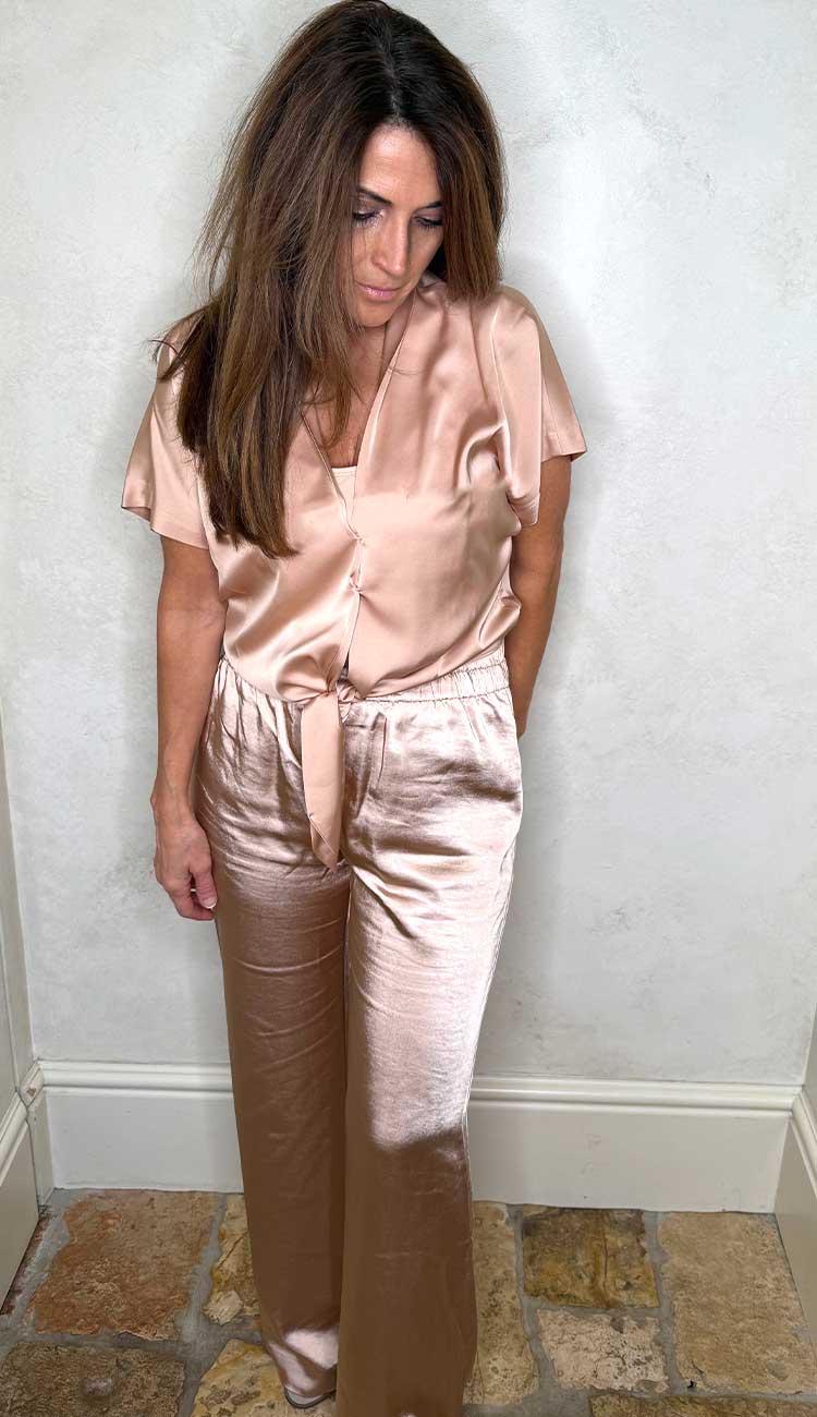 Caro Satin Tie Top paired with the Theresa Satin Pants both in Terracotta by generation love at paula and chlo front view