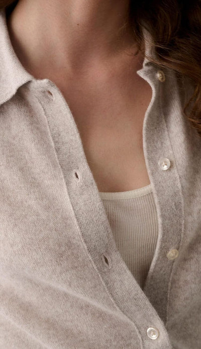 White + Warren Cashmere Button Down Cashmere Detail View in Sand Whisp Heather - Paula & Chlo