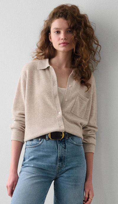 White + Warren Cashmere Button Down Cashmere View in Sand Whisp Heather - Paula & Chlo