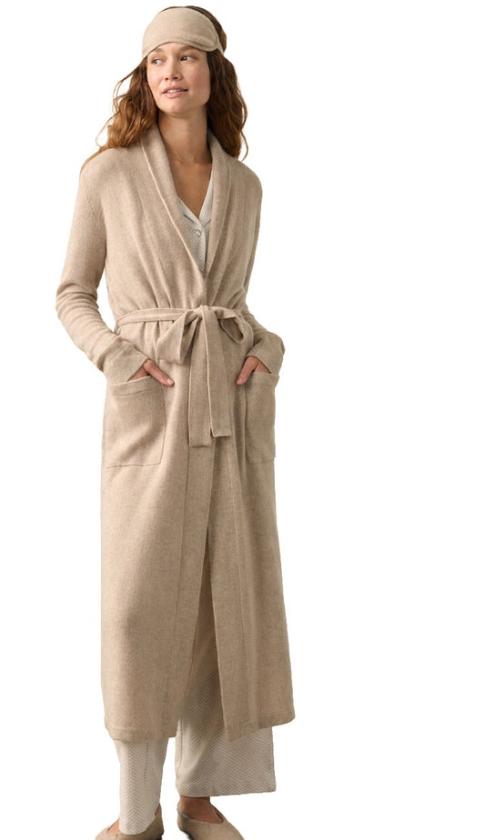 White + Warren cashmere taupe heather a long-sleeve 100% cashmere robe with shawl collar, patch pockets, and tie belt.