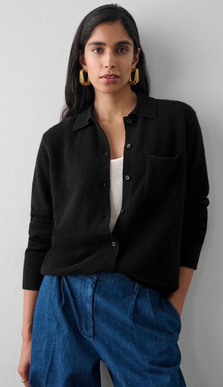 White + Warren Cashmere Button Down Cashmere in Black - Paula & Chlo