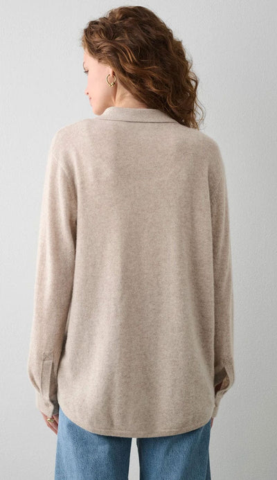 White + Warren Cashmere Button Down Cashmere Back View in Sand Whisp Heather - Paula & Chlo