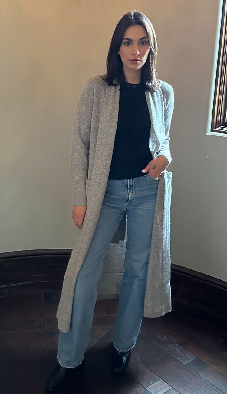 White + Warren cashmere long robe in Grey Heather, a long-sleeve 100% cashmere robe with shawl collar, patch pockets, and tie belt.