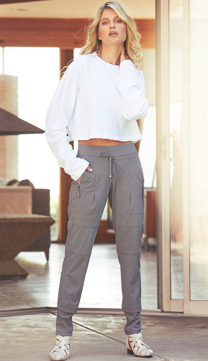 Raffaello Rossi Candy Pant in Castlerock gray, women’s slim jogger pant with drawstring waist and zip pockets